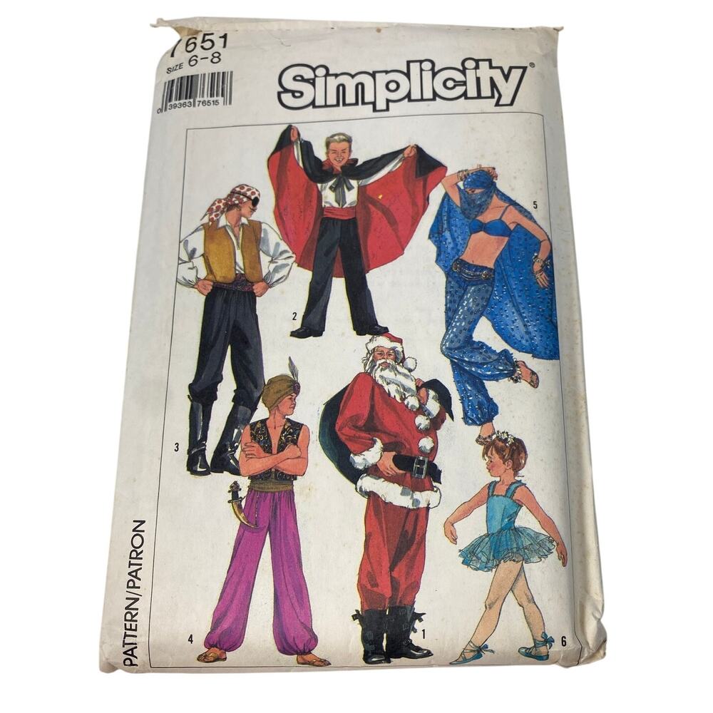 VTG OOP Simplicity 7651 Costume Pattern Kids 6-8 Santa Pirate Ballet Genie UC FF